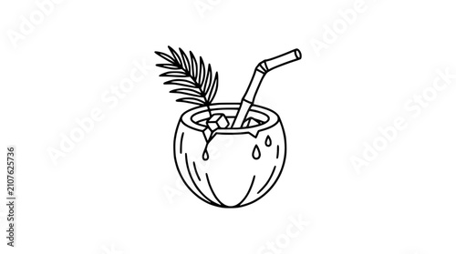 Canvastavla Hand-drawn coconut drink with palm leaf and straw, isolated on white background