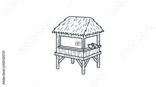 Tableau sur toile Hand-drawn tropical hut with thatched roof and binoculars