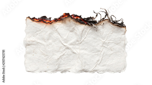 Crumpled white parchment paper sheet burning with glowing embers isolated on a pure white background