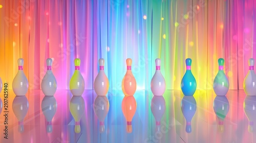 Colorful Bowling Pins with Vibrant Background and Reflective Surface in a Fun Atmosphere for Game Enthusiasts