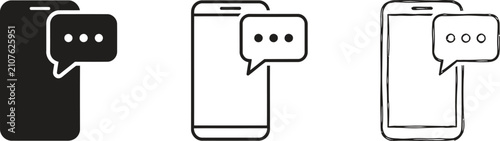 Mobile phone messaging notification icons showing smartphone silhouette with text bubble in solid outline and sketch.
