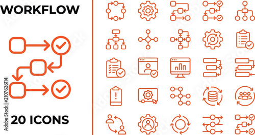 Professional collection of twenty workflow and business process icons including flowcharts, task lists, and system optimization symbols for UI development.