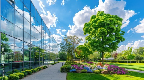 Vibrant Landscape Design Featuring Lush Greenery, Colorful Flowers, and Modern Architectural Elements Under a Bright Sky