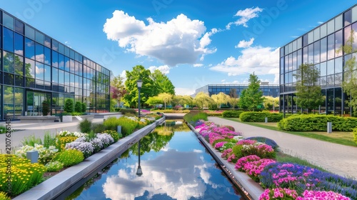 Vibrant Urban Garden with Reflections in Water and Modern Architecture Surrounded by Colorful Flowers and Lush Greenery