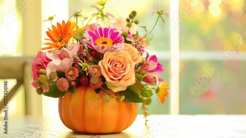 Vibrant Autumn Floral Arrangement in Pumpkin Container Showcasing Seasonal Colors and Natural Beauty