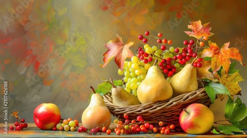 Fresh Autumn Harvest with Pears, Apples and Colorful Leaves Displayed in a Rustic Woven Basket