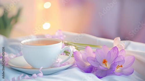 Serene Morning Vibes with Tea and Delicate Flowers on a Soft Blanket in Pastel Colors