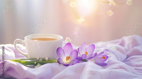 Tranquil Moment with Cup of Tea and Blooming Flowers on Soft Fabric Background