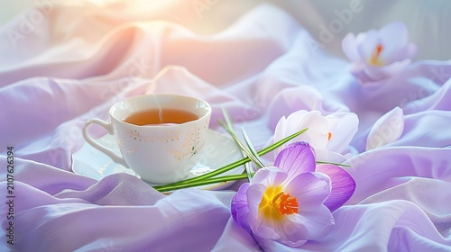 Delicate Tea Time with Elegant Cup and Beautiful Flowers on Soft Lavender Fabric