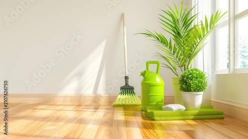Bright and Clean Interior with Green Plants and Cleaning Tools inSunlit Space for Home Improvement and Cleaning Inspiration