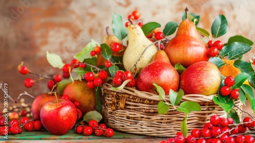 Fresh and Juicy Apples and Pears with Vibrant Red Berries in a Rustic Woven Basket