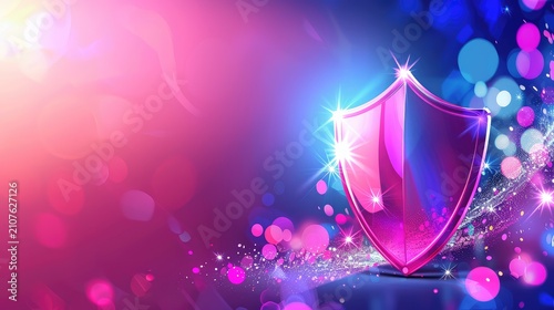 Vibrant Pink Shield Illustration with Sparkling Effects and Colorful Bokeh Background for Online Security Themes