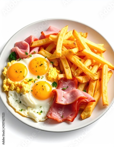 A hearty breakfast plate with fried eggs, crispy fries, and ham slices