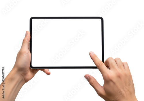 Closeup of hands holding a modern tablet with a blank white screen, isolated on transparent background