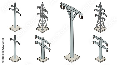 Obraz na płótnie Electrical Power Pylons Isometric Vector Illustration Set