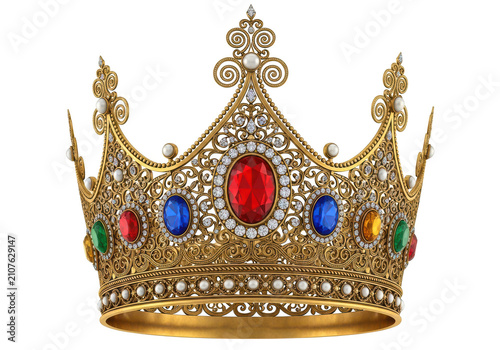 A majestic golden royal crown adorned with large rubies, sapphires, emeralds, and diamonds, featuring intricate filigree metalwork, isolated on transparent background