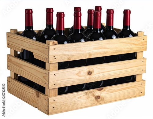 Wooden crate filled with multiple dark glass bottles