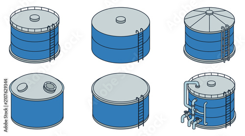 Konstfotografi Industrial Storage Tanks Illustration Blue And Gray Vector Graphic