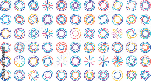 Colorful abstract concentric circle segmented line radial ring vector element set for modern graphic design