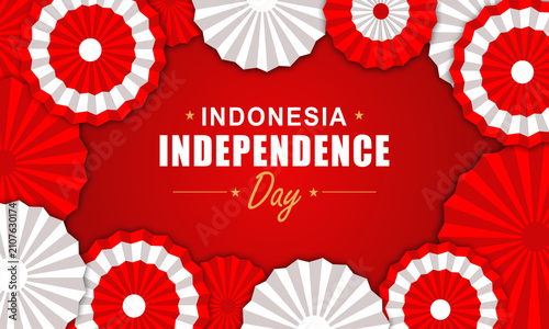 Indonesia Independence Day Background with Red White Paper Fan Frame and Gradient Background