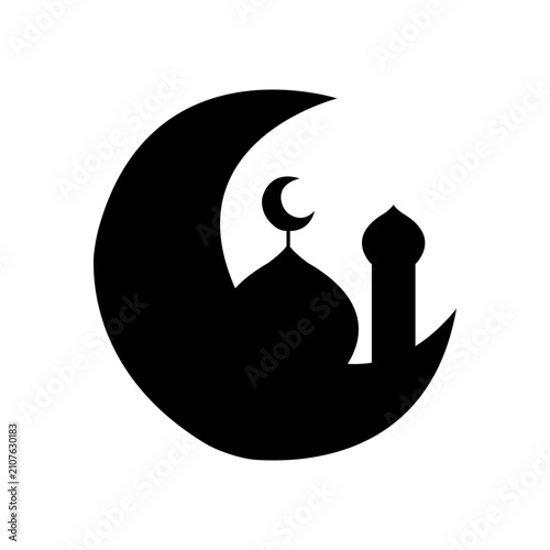 Crescent Moon with Islamic Mosque Dome Silhouette Icon