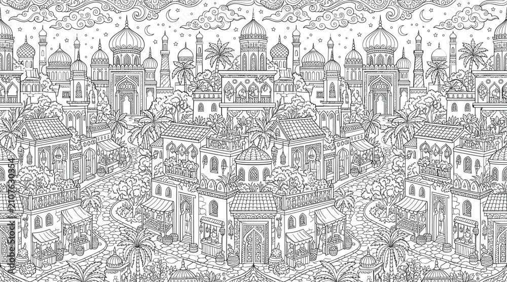 Obraz premium Ancient Arabic town landscape coloring page vector illustration with mosque minarets and market streetAncient 