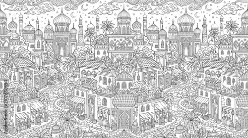 Cuadro en lienzo Ancient Arabic town landscape coloring page vector illustration with mosque mina