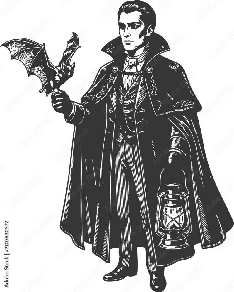 Obraz premium A vintage engraving of a vampire holding a bat and lantern during a spooky halloween night
