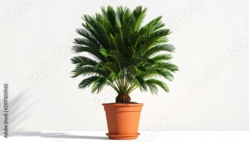 Potted palm-like plant with vibrant green fronds and a terracotta pot