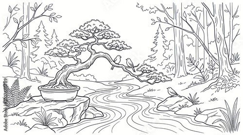 Photography Zen bonsai tree landscape coloring page with river stream.