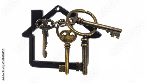 Three antique brass keys hang from a house-shaped keyring on white