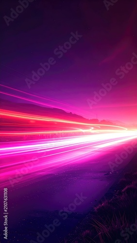 Streaks of vibrant pink and purple light trace a path across a darkened landscape