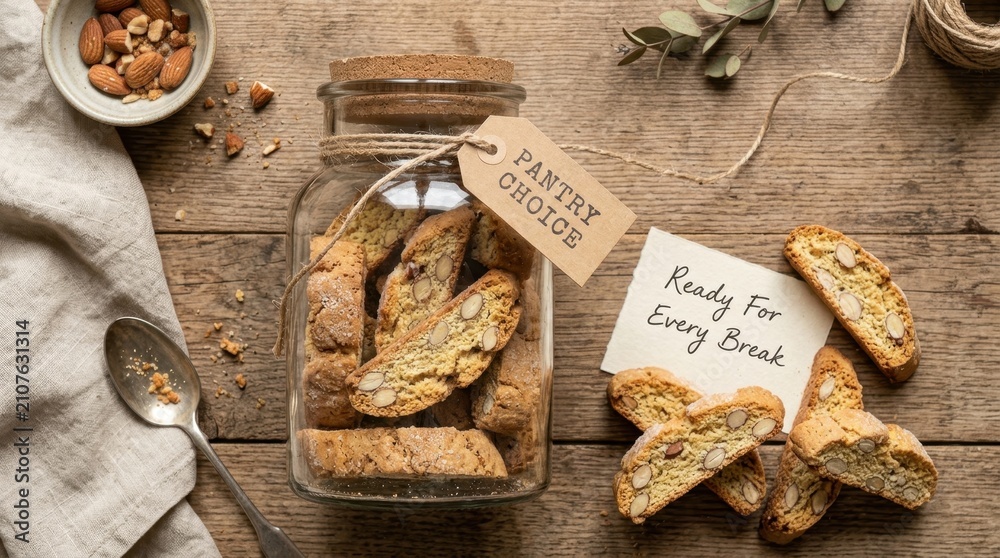 Fototapeta premium Homemade almond biscotti cookies stored in a glass jar with a cork lid sitting on a rustic wooden table, featuring crunchy italian cantuccini