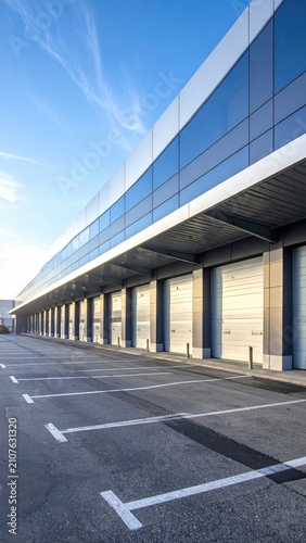 Modern warehouse facade with loading bays and empty parking lot