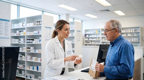 Professional female pharmacist consulting an elderly male patient about his prescription.