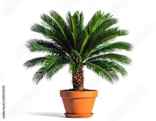 Lush potted palm with glossy green fronds, isolated on a bright white background
