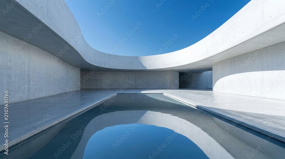 Fototapeta premium Minimalist architectural design with a curved concrete wall surrounding a calm reflective water pool.