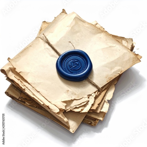Stack of old, yellowed paper documents bound by twine, sealed with blue wax