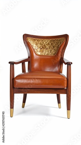 Richly detailed leather armchair with a striking gilded textured back