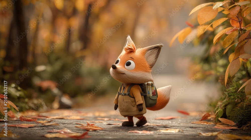Fototapeta premium Animated fox with backpack, autumnal path