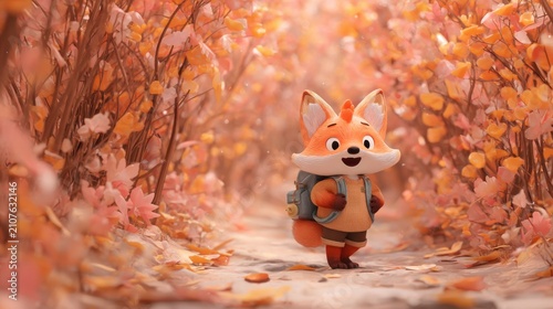 A cheerful, cartoon fox with a backpack walks a snowy path through an autumnal forest of muted orange and yellow leaves.  The scene is softly lit, creating a warm and inviting atmosphere