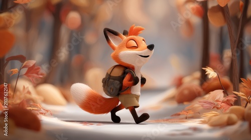 Animated fox with backpack walks through autumnal forest