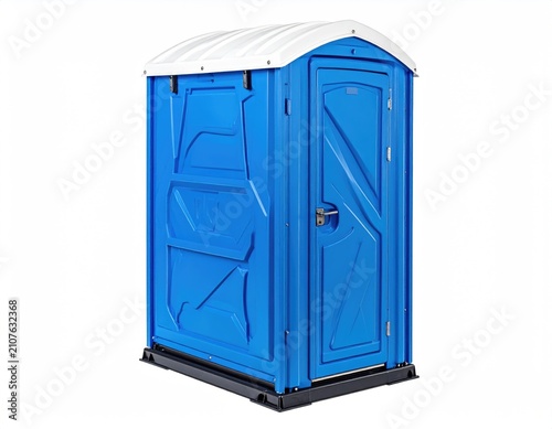 Blue portable restroom with white roof, door, and black base