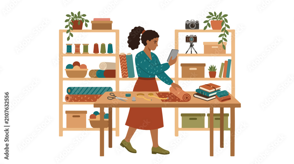Fototapeta premium A dark-skinned woman in a craft studio takes a photo of fabric on a table surrounded by sewing supplies, plants, and shelves.