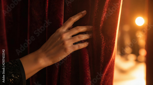 Elegant Hand Peeking Through Velvet Curtains Warm Spotlight