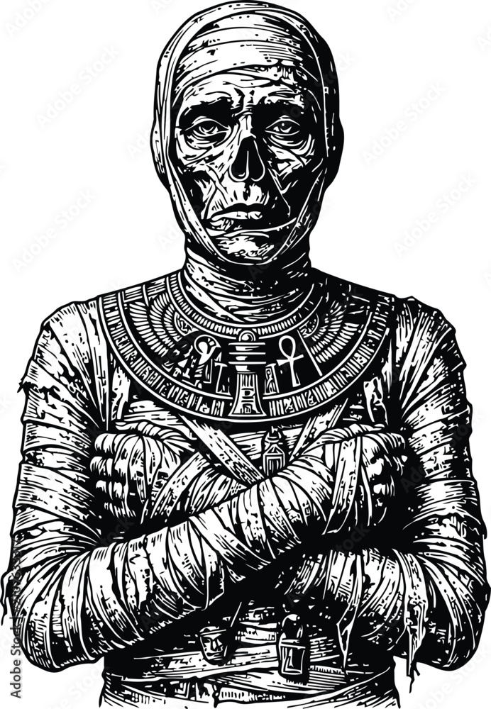 Obraz premium Engraving of a vintage mummy during halloween with ancient egyptian symbols in a dramatic composition