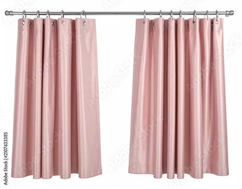 Soft, rose-colored fabric drapes hang from a silver rod, creating a gentle, inviting atmosphere