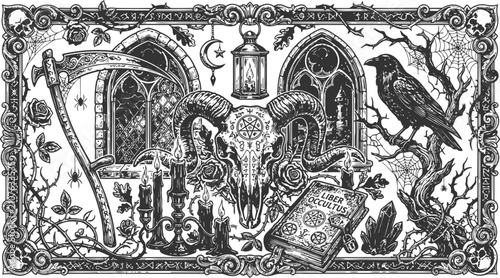 Fotografie Engraving style vintage halloween scene with ram skull scythe crow and occult bo
