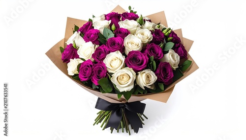 A beautiful bouquet of deep pink and white roses, elegantly wrapped