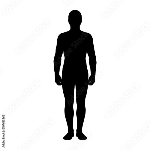 Black silhouette of a man standing in front view, male body shape vector illustration, human figure outline for medical and fitness design isolated on White Background Black silhouette Halloween